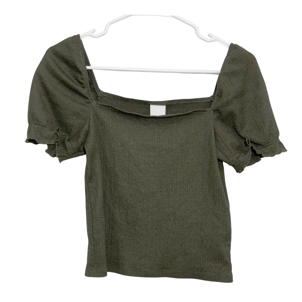H&M Top Dark Forest Green Puff Sleeve Square Neck Textured Crepe Women's Small S